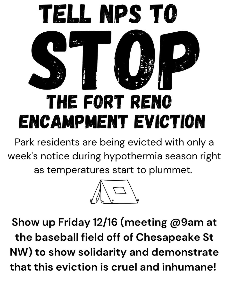 StoptheSweepsDC's tweet photo. CALL TO ACTION!

Residents have asked for neighbors to show up in solidarity as their camp is evicted this coming Friday! Bring a sign &amp; a phone with full battery to document &amp; share this inhumane treatment. https://t.co/ZIrKPlkZri