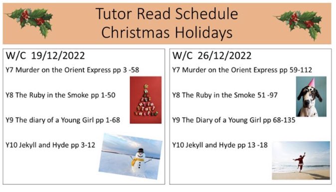 KC1school's tweet photo. Tutor Reads: Students will have books at home over the holidays, so plenty of reading to fill those cold, dark days! Schedules attached. We are sending out a fantastic new selection of reads which we sincerely hope the students will enjoy. #commitment #timeforreading #agoodbook https://t.co/ULiUTwiPys