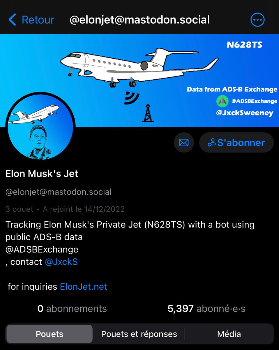 Pour ceux qui chercheraient l’info manquante de Twitter..

Le bot de suivi du jet d’#Elon a migré sur #Mastodon 

#mastodonmigration 
#ElonSucks