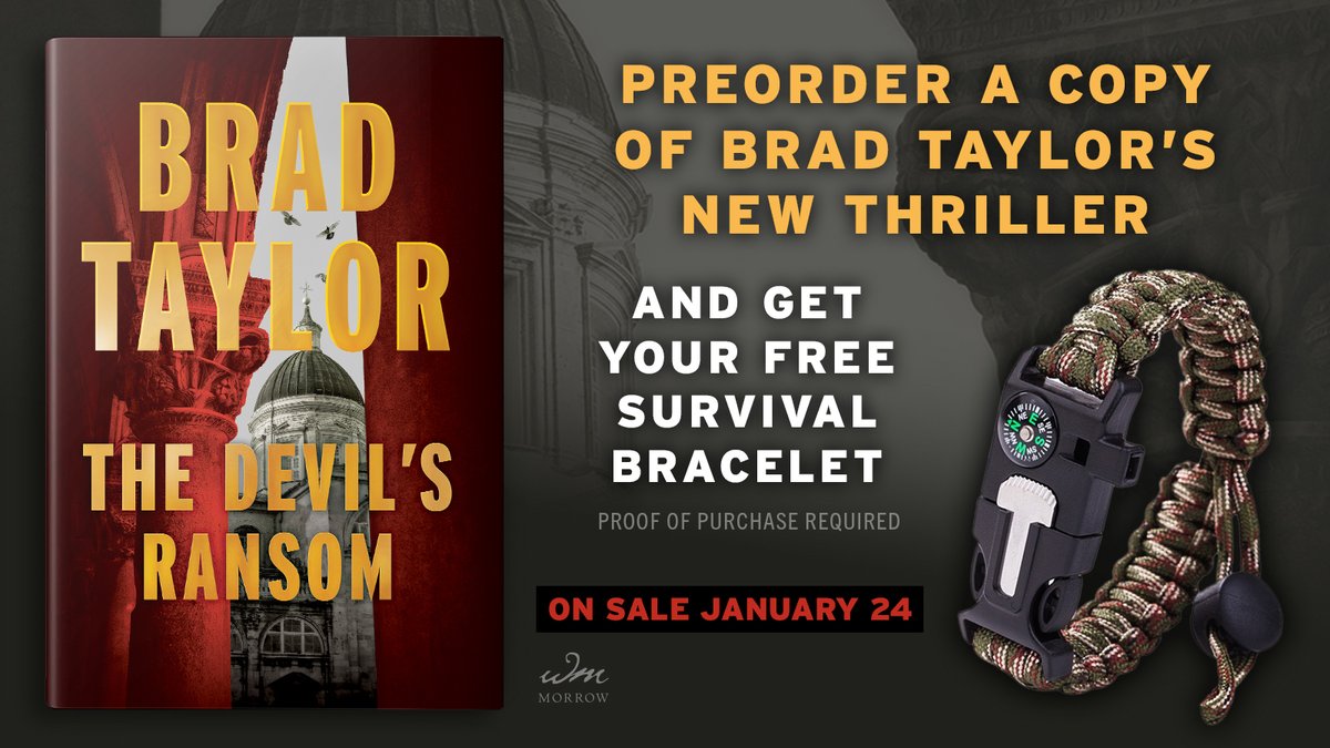 BradTaylorBooks's tweet photo. Preorder a copy of Taskforce 17, THE DEVIL’S RANSOM, and receive a survival bracelet as a gift from my publisher. Please consider supporting the bookstores on my tour.
https://t.co/HdDYP2JuZW
#TheDevilsRansom #BradTaylor #PikeLogan #Taskforce17 https://t.co/ijnKdAtVmE
