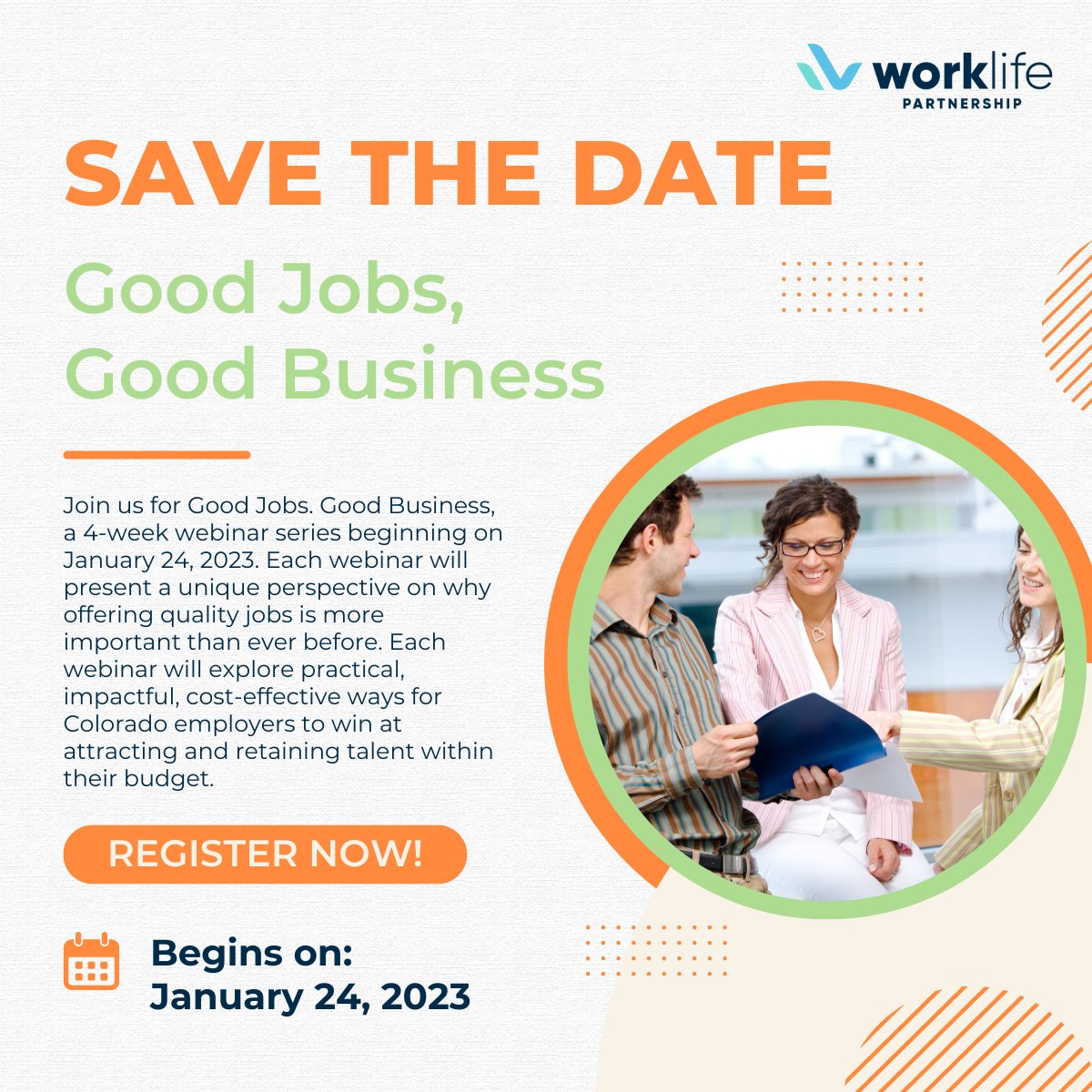 WorkLifePartner's tweet image. Join us for Good Jobs. Good Business, a 4-week webinar series beginning on January 24, 2023. Each webinar will present a unique perspective on why offering quality jobs is more important than ever before. Learn more and register here: worklifepartnership.org/why-worklife-p…