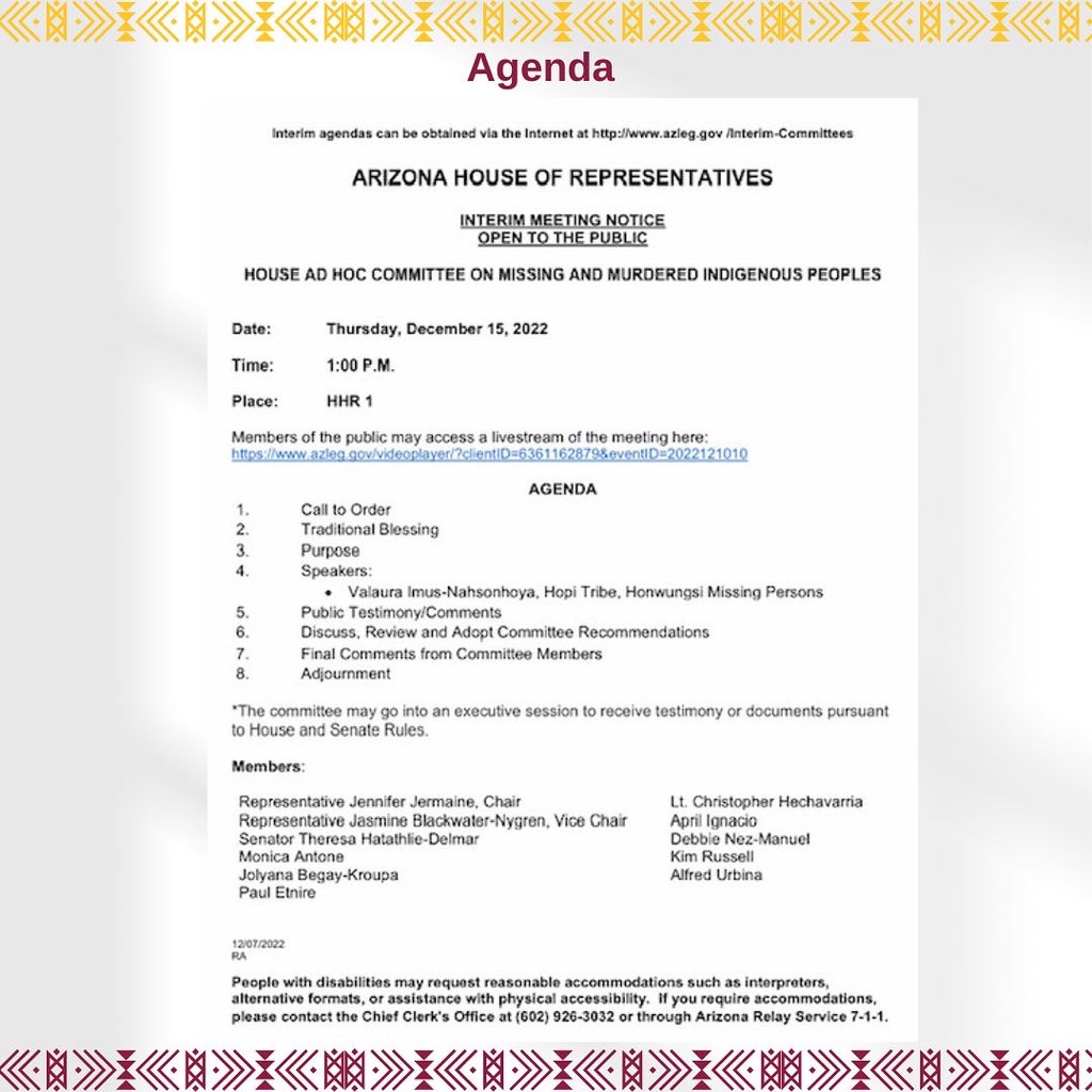 ASU_ROVV's tweet photo. ✨YOU ARE INVITED ✨

Join us for the last Arizona Missing and Murdered Indigenous People Ad Hoc Committee Meeting 🤩 

-Tomorrow, December 15th, 2022
-1:00 p.m.-4:00 p.m.
-AZ State Capitol 

#MMIP #MMIWG #NoMoreStolenRelatives https://t.co/7R4h24rCwS
