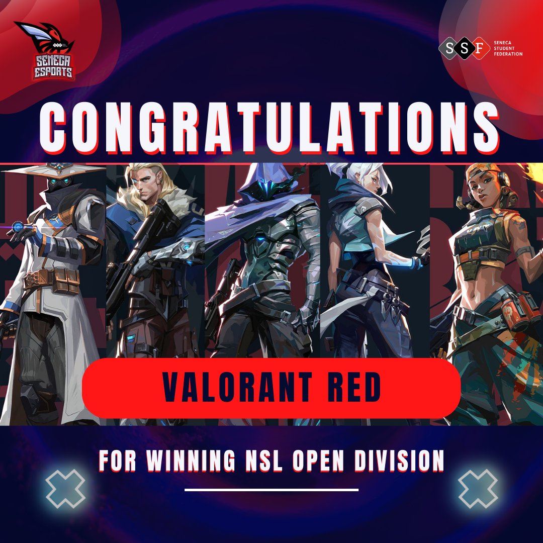 Seneca Esports proudly congratulate our Valorant Red team for winning their NACE Starleague Division in the Open Plus league. (10 W - 0 L)
Players :
<a href="/ACEBOY_1/">ACE</a>
@lumiBad
Cllancee (Jeff)
Flicts (Jarrell)
Akuwa (Nathan)
At0m (Shivam) 
TeamCoach:
Jordan Van
@senecassf