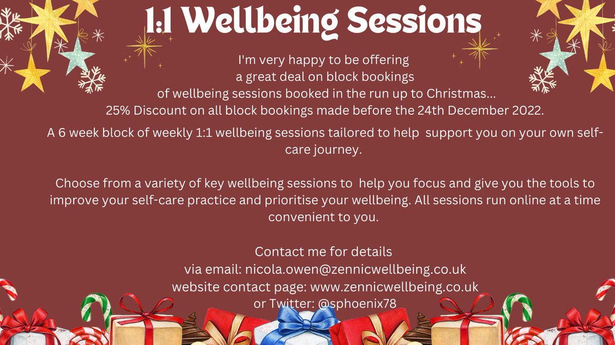 I'm very pleased to offer a new wellbeing package.
A 6 week block of Wellbeing sessions tailored just for you. Hugely discounted by 25% if booked before Christmas!  Sessions to begin in January 2023! DM for details. 
with Nic Owen <a href="/sphoenix78/">Sphoenix- Nic Owen 👂🏼</a>.