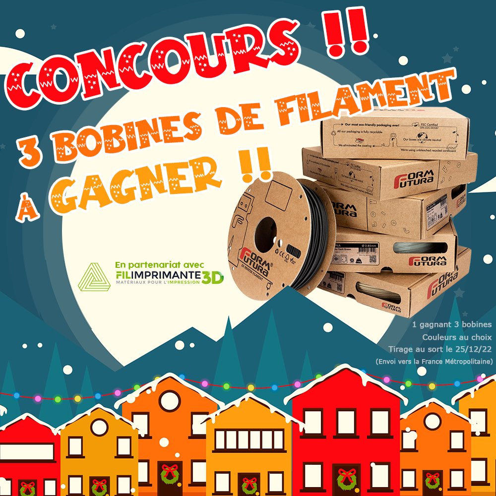 🎁Concours de Noël !! 🥳🥳🥳

Je vous propose de tenter de gagner 3 bobines de filament aux couleurs de votre choix : 
filimprimante3d.fr/7-filament-pla…

➡️Pour participer 
- Follow <a href="/3DFilimprimante/">filimprimante3D</a> et <a href="/Heliox_Lab/">Heliox</a> 
- RT ce tweet

TAS le 25 décembre ! 🤗
Bonne chance à tous ! 🍀