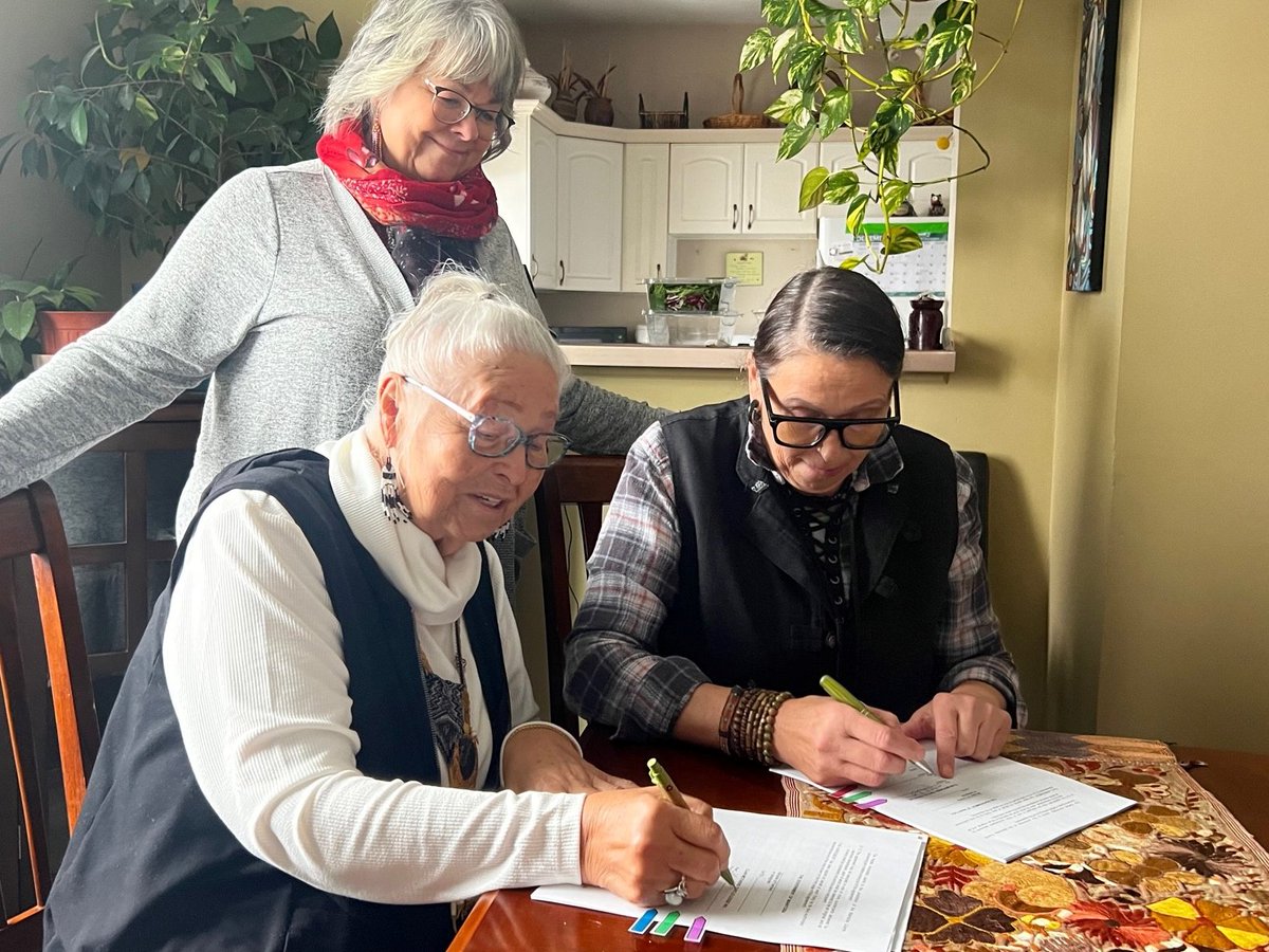 A very exciting moment for <a href="/clanmothersca/">Clan Mothers Healing Village</a>  as Elder Mae &amp; Jamie (with Board Co-Chair, Auntie Debra Duibaldo), sign the Provincial Contribution agreement to support the construction of Clan Mothers Healing Village and Knowledge Centre. We are incredibly grateful for this support!