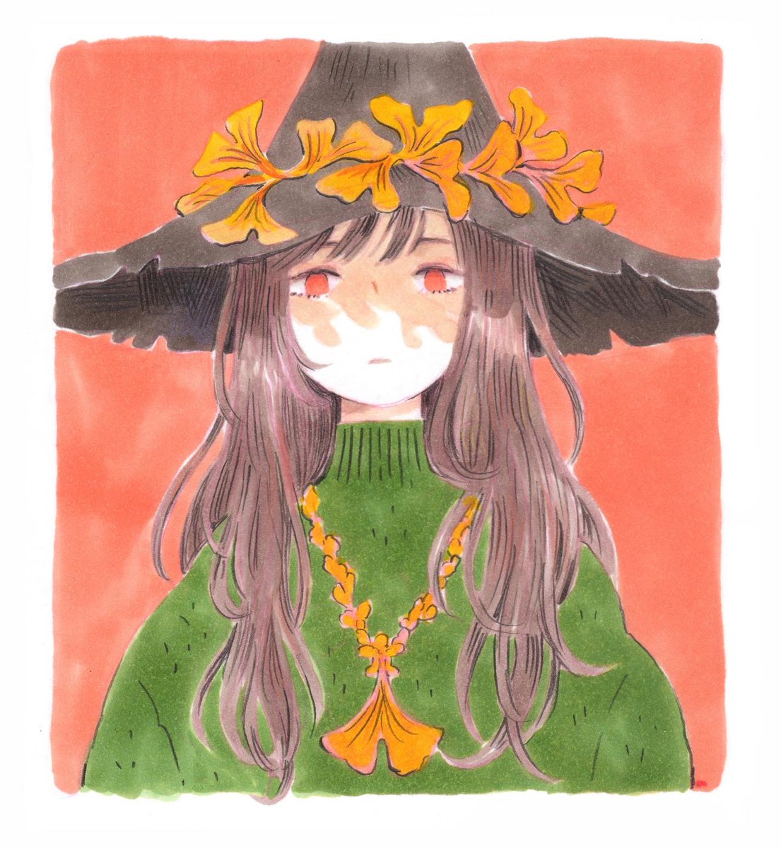 1girl solo long hair hat red eyes green sweater brown hair  illustration images