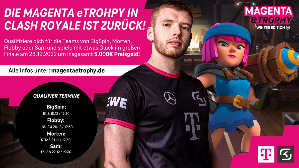 FlobbyCr (@flobbycr) on Twitter photo Die Magenta eTrophy in Clash Royale ist wieder da! Nehmt an meinen Qualifikationsturnieren teil und spielt im großen Finale gemeinsam mit mir um 5.000€ Preisgeld🏆
#MagentaeTrophy
<a href="/deutschetelekom/">Deutsche Telekom</a> <a href="/Telekom_zockt/">Telekom zockt</a>
<a href="/SKGaming/">SK Gaming</a> Die Magenta eTrophy in Clash Royale ist wieder da! Nehmt an meinen Qualifikationsturnieren teil und spielt im großen Finale gemeinsam mit mir um 5.000€ Preisgeld🏆
#MagentaeTrophy
<a href="/deutschetelekom/">Deutsche Telekom</a> <a href="/Telekom_zockt/">Telekom zockt</a>
<a href="/SKGaming/">SK Gaming</a>