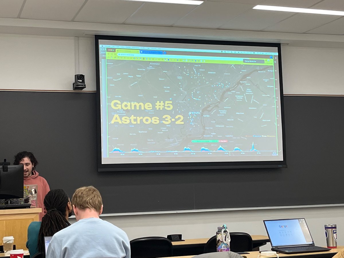 JavaScript final project presentations. So many cool interactive geovisualizations: 311 calls during the World Series in Philly; qualitative data from interviews in Chinatown; earthquakes in real time; food; fitness; bike safety and much more! Led by @mjumbewu - awesome work