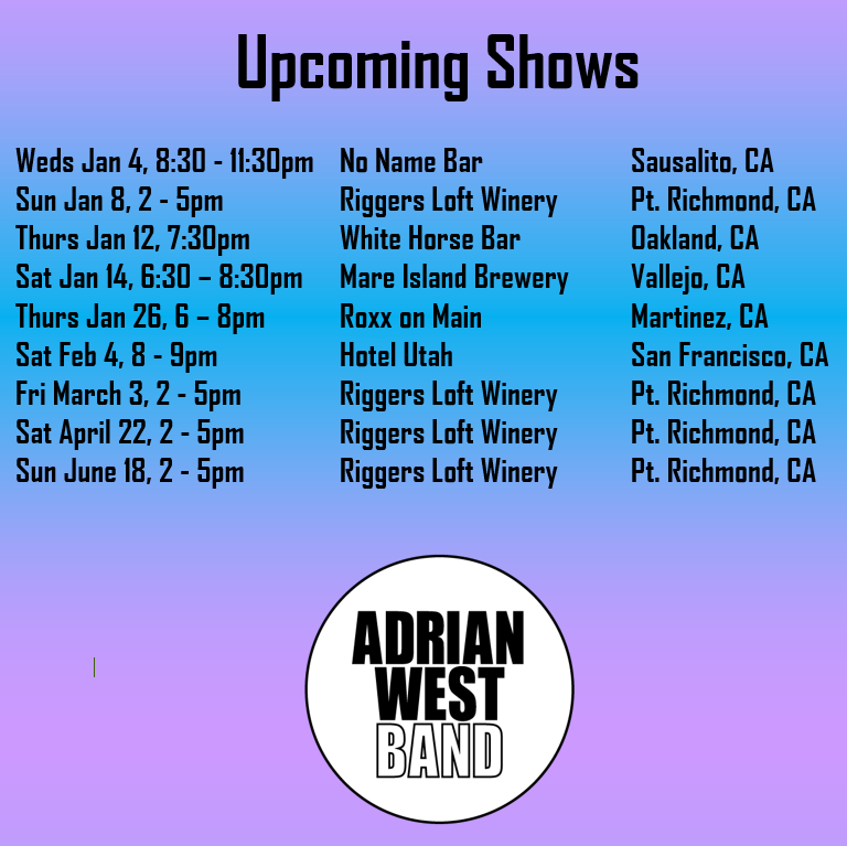 AdrianWestBand's tweet photo. We have lots of great shows coming up! Come out and enjoy some live music with friends! More details at https://t.co/SnMBr3JtUF https://t.co/YkYl8gBshb