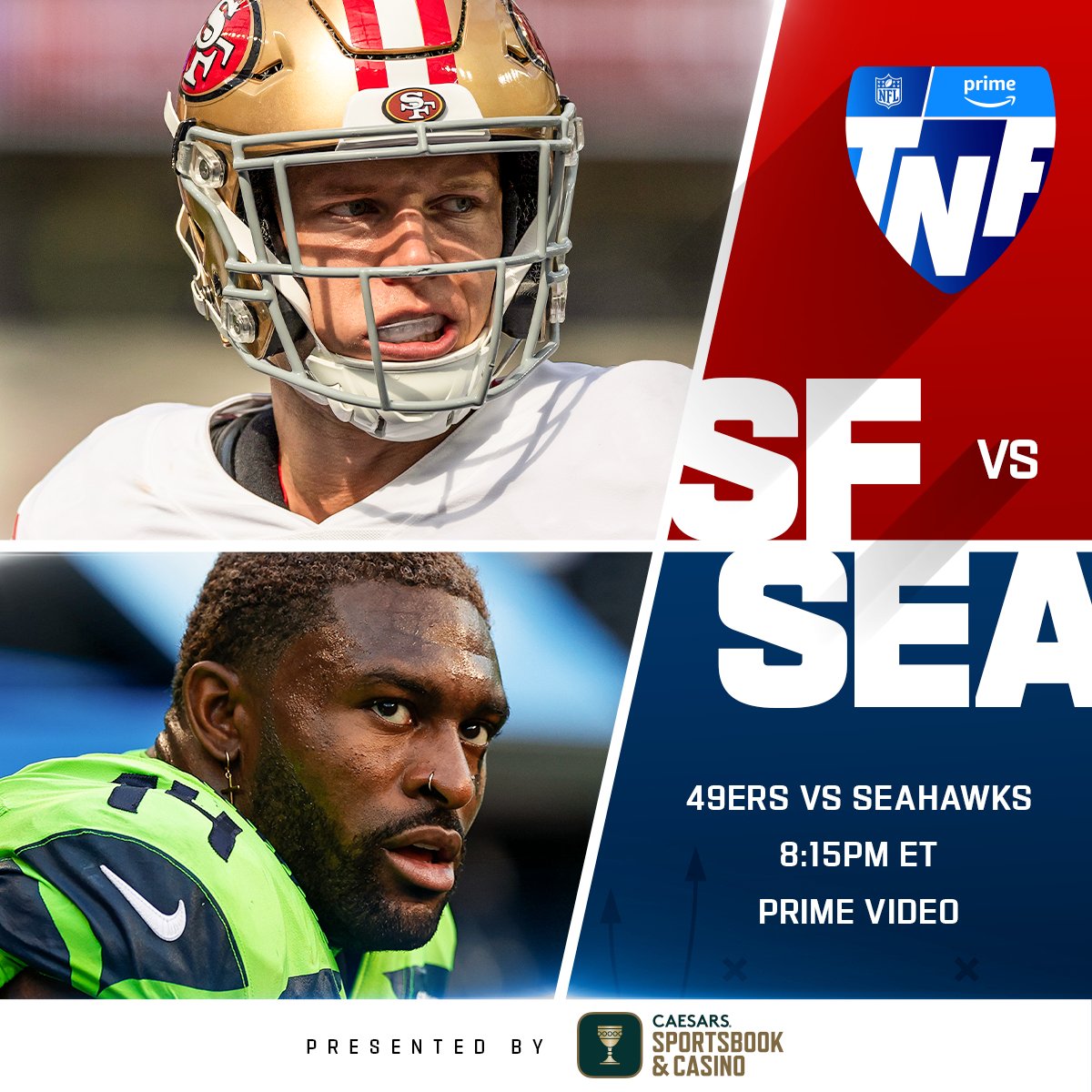NFL (@nfl) on Twitter photo An NFC West battle on #TNF. Who ya got? (by <a href="/CaesarsSports/">Caesars Sportsbook</a>)
#SFvsSEA— Tonight 8:15pm ET on Prime Video
Also available on NFL+ bit.ly/3POvRB0 An NFC West battle on #TNF. Who ya got? (by <a href="/CaesarsSports/">Caesars Sportsbook</a>)
#SFvsSEA— Tonight 8:15pm ET on Prime Video
Also available on NFL+ bit.ly/3POvRB0