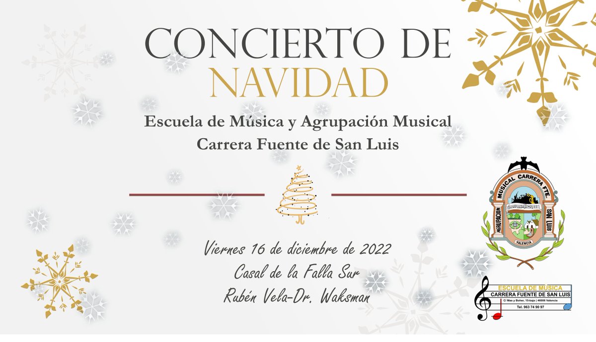 Este viernes 16 a las 19h, el conjunto instrumental de nuestra Escuela y la banda titular de la Agrupación ofrecerán el tradicional Concierto de #Navidad que clausurará este #Año2022. La cita tendrá lugar en el casal de <a href="/FallaSurWaksman/">Falla Sur-Rubén Vela</a> (av. Dr. Waksman, 24) ¡Os esperamos!