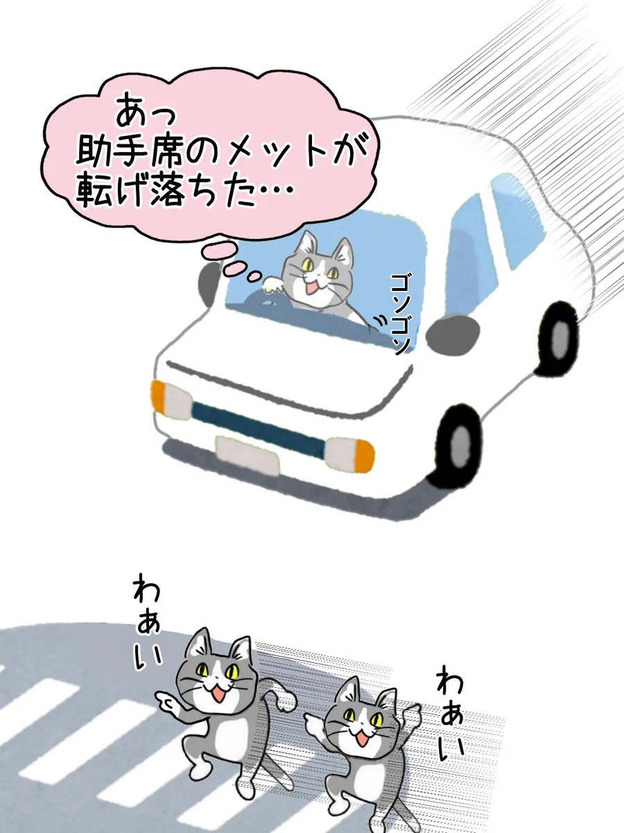 現場猫の運転！助手席のヘルメットが落ちたことに気を取られる！