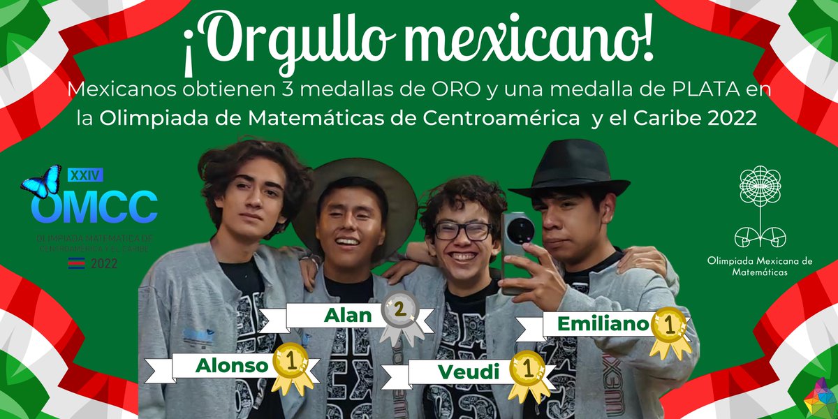 CDMXOMM's tweet image. México ganó primer lugar en la Olimpiada de Matemáticas de Centroamérica y el Caribe con tres medallas de Oro y una medalla de Plata. 

¡Vamos México! #SomosOlímpicos #VivaMéxico