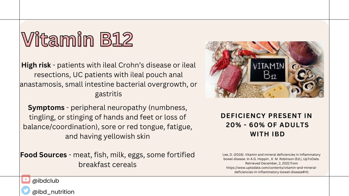 IBD_Nutrition's tweet image. Individuals with IBD are at risk for nutritional deficiencies bc of⬇️nutrient intake, malabsorption,⬆️energy expenditure, and/or⬆️losses.

For #CCAwarenessWeek we want to provide information on common micronutrient deficiencies.
#IBDvisible 

Today we&apos;ll review Vitamin B12✨