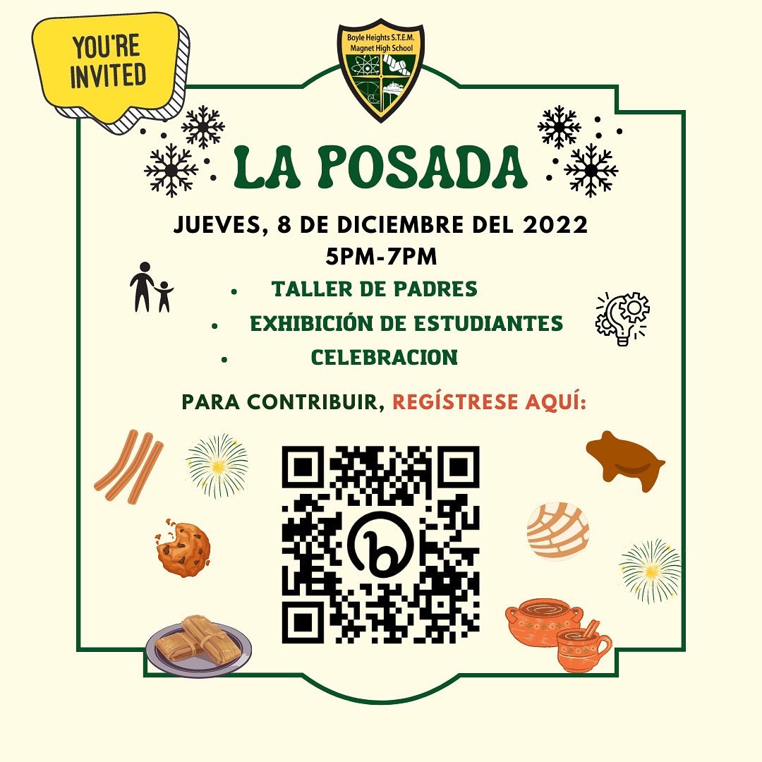 Happy Tuesday STEM families! 🐉 We have our posada next week, and would love to see you all there! You can sign up through the link, the QR code, or through the sheet that will be sent home today.🤗 Please sign up by December 6, and feel free to call if you have any questions. 📞