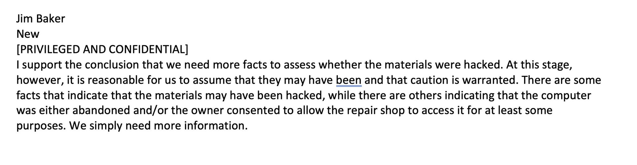 28. To which former Deputy General Counsel Jim Baker again seems to advise staying the non-course, b