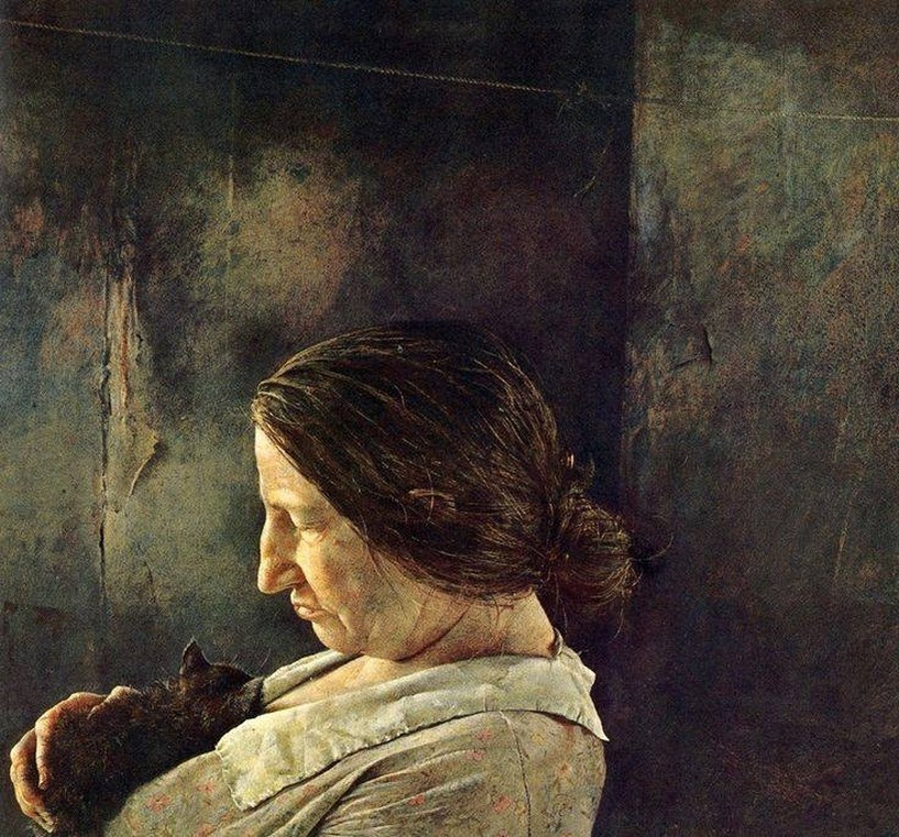 Andrew Wyeth (American painter) 1917 - 2009
Miss Olson, 1952, tempera.
The artist returned for the third time to the subject of Christina Olson, painting her holding a sick kitten, he simplified the picture until it is the face alone that counts.