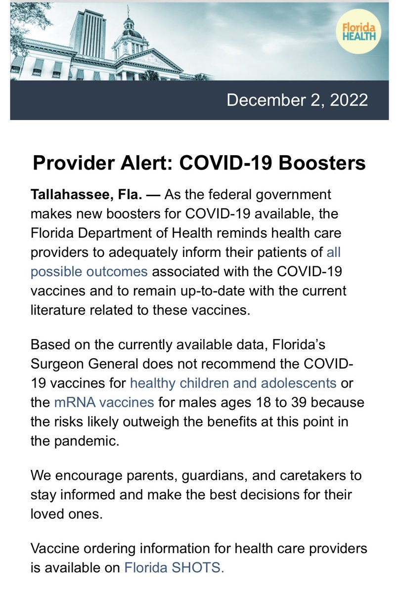 The Fla Dept of Health sent this message today to state healthcare providers. If you wonder why the US vaccination rate is so abysmal, look no further than people like the Florida Surgeon General.
