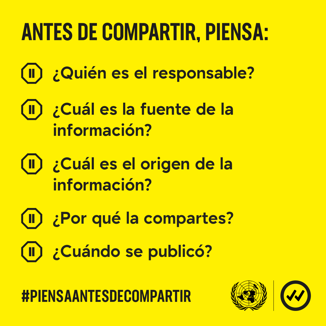 ONU_es's tweet photo. Todos podemos ayudar a detener la propagación de información falsa y perjudicial en línea.

Antes de compartir contenido en las redes sociales, haz una pausa para comprobar los datos haciéndote algunas preguntas básicas. https://t.co/wIWfm4FJcI https://t.co/EFR6YNZP74