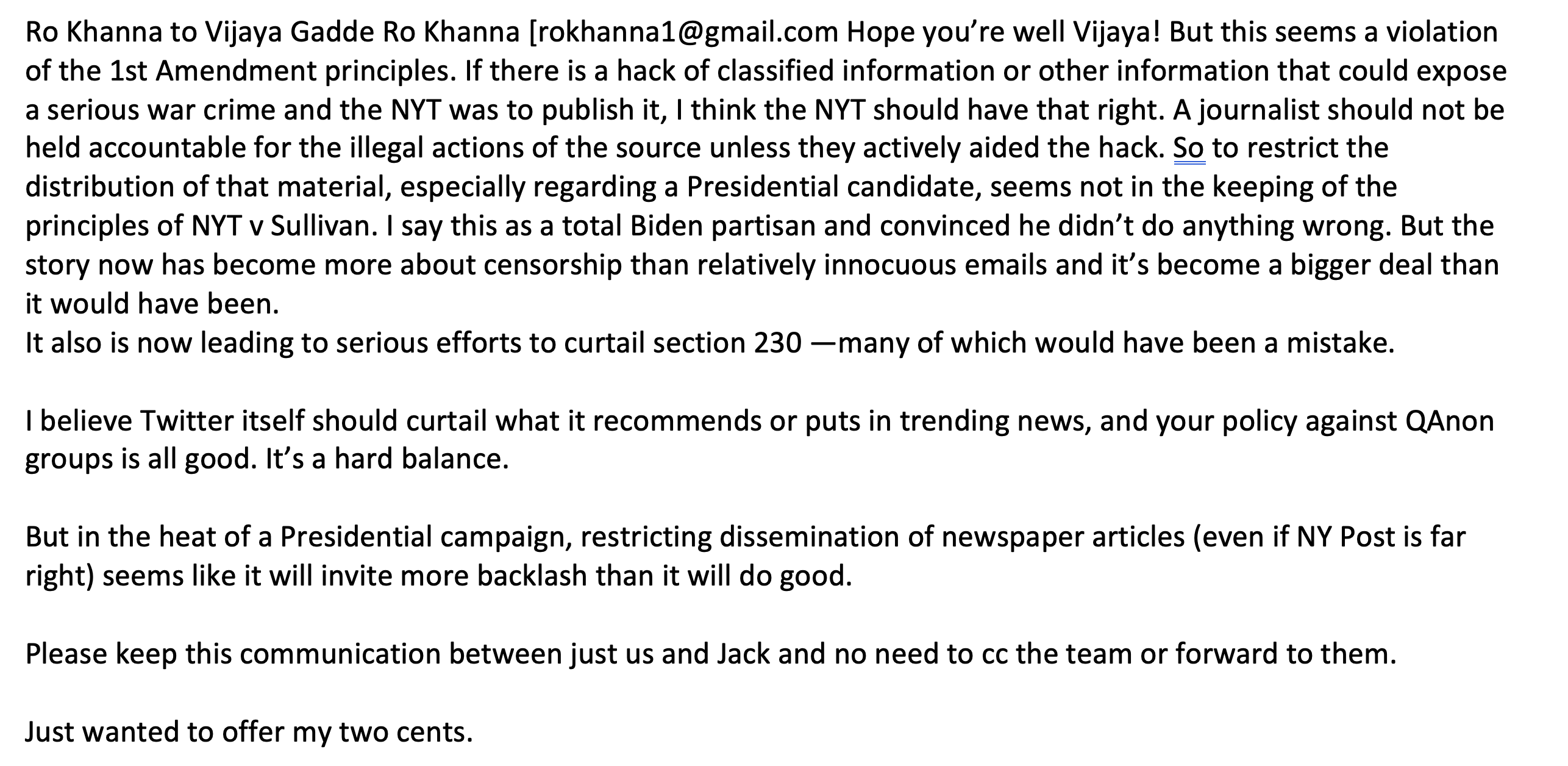 32.Khanna tries to reroute the conversation to the First Amendment, mention of which is generally ha