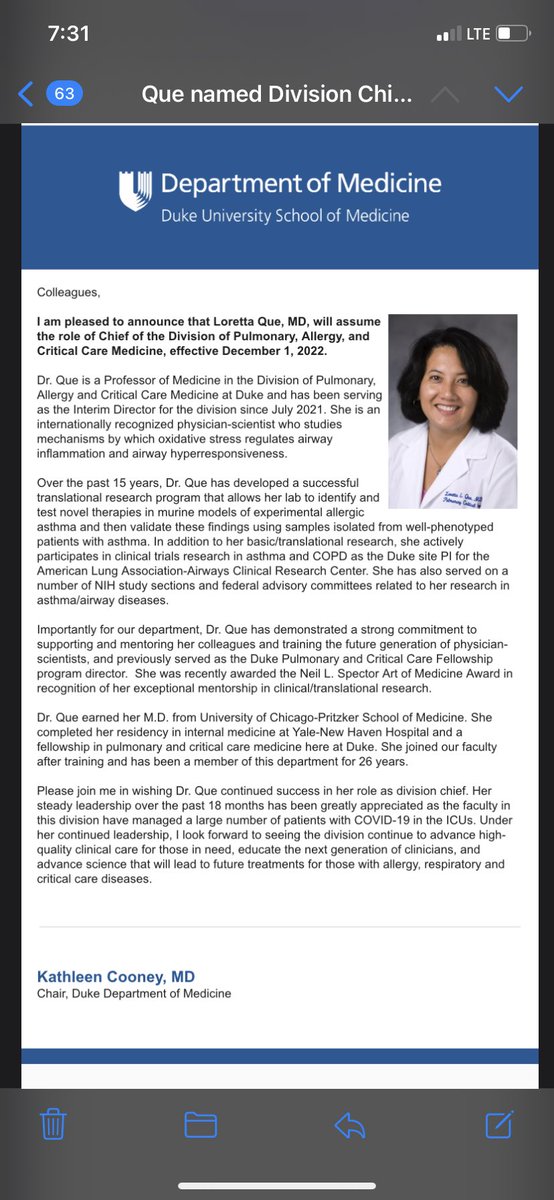 Congrats on Dr. Loretta Que on being named the new @DukePACC Division Chief. Excited to have her! Congrats Loretta! @dukemedicine @DukeMedSchool #divisionchief #PACC