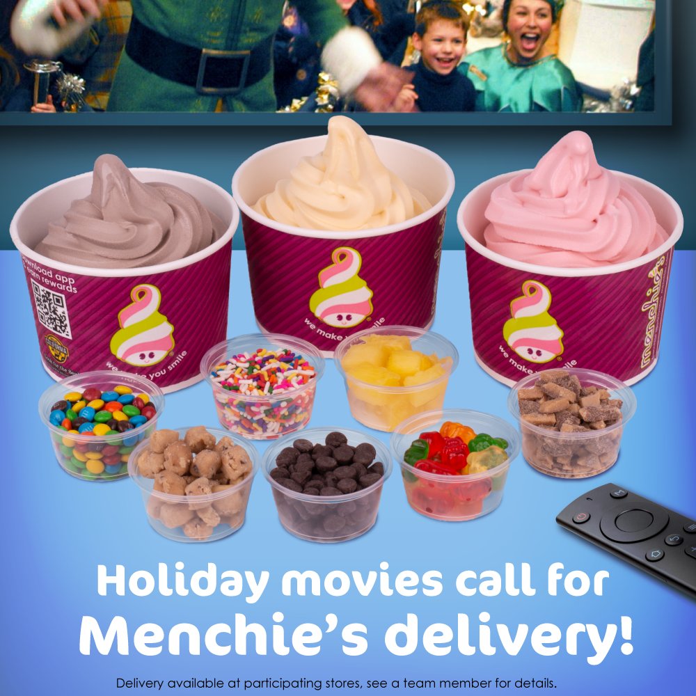 MyMenchies's tweet photo. It’s a fact, holiday movies at home with the family are even sweeter when you order Menchie’s delivery! @UberEats @DoorDash @Grubhub 🍨🏘️ #Menchies #FrozenYogurt #Froyo #Delivery #OrderFromHome #GetItDelivered #Holidays2022 #FroyoFriday https://t.co/uSIZ5u95Oo