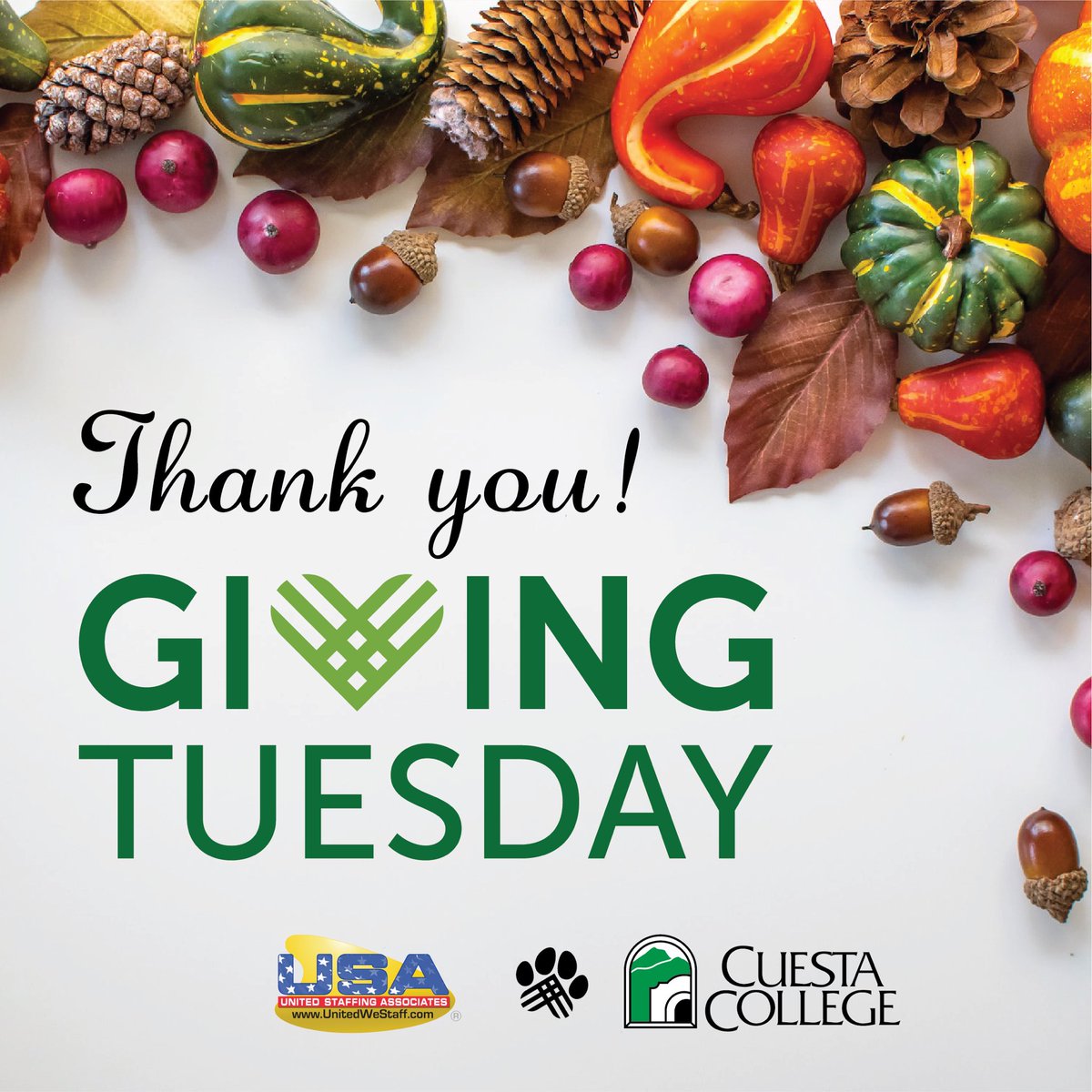 You made an impact on #GivingTuesday! Because of your incredible generosity, we exceeded our fundraising goal. Our friends at United Staffing associates matched $5,000 of your donations, raising $17,521 towards the CASE Fund. From all of us here at Cuesta College, thank you.