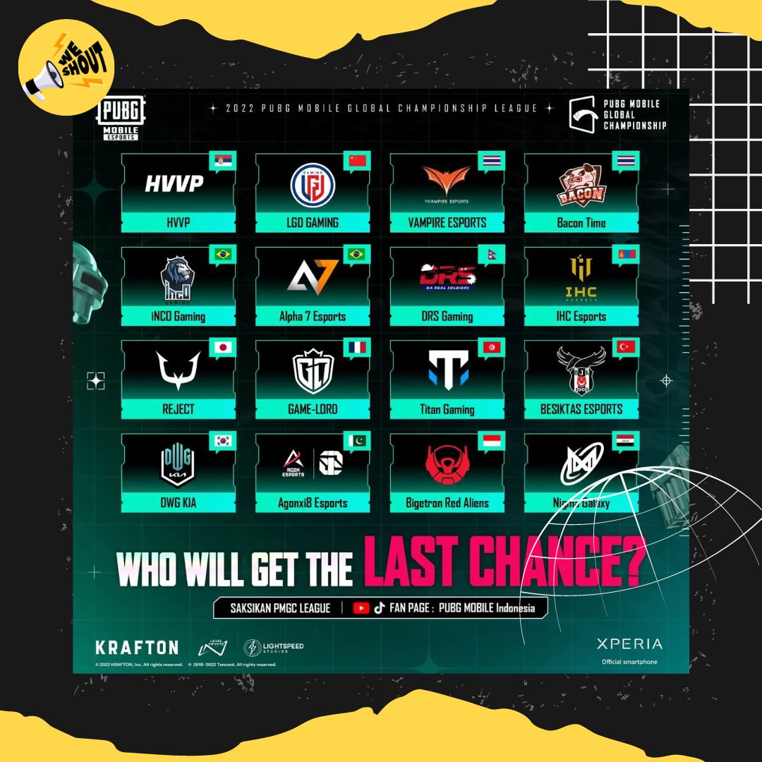 weshoutmedia's tweet photo. Berikut 16 tim yang lolos ke Last Change PMGC 2022, dari 16 tim akan diambil top 4 dari Last Change untuk melaju ke Grand Final PMGC 2022. https://t.co/IVa9iTCd0y
