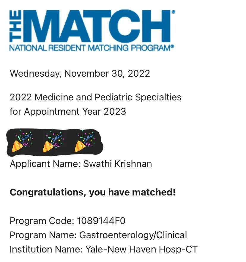 Swathi Krishnan (@swathik_md) on Twitter photo So thrilled and grateful to have matched at <a href="/YaleDigestive/">Yale Digestive Diseases</a> for GI fellowship! Forever thankful for all the people who helped me achieve this dream- my family, friends, <a href="/YaleIMed/">Yale Internal Medicine</a>, and mentors (David Assis, <a href="/UyenTo2/">Uyen To</a>, Vandana Khungar, <a href="/ggarciatsao/">Guadalupe GarciaTsao</a>, <a href="/MarkDSiegel1/">Mark D. Siegel</a> to name a few)! So thrilled and grateful to have matched at <a href="/YaleDigestive/">Yale Digestive Diseases</a> for GI fellowship! Forever thankful for all the people who helped me achieve this dream- my family, friends, <a href="/YaleIMed/">Yale Internal Medicine</a>, and mentors (David Assis, <a href="/UyenTo2/">Uyen To</a>, Vandana Khungar, <a href="/ggarciatsao/">Guadalupe GarciaTsao</a>, <a href="/MarkDSiegel1/">Mark D. Siegel</a> to name a few)!