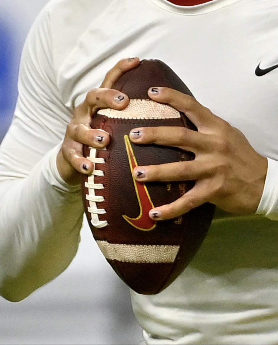 Pickswise's tweet image. Caleb Williams is rocking "F--- Utah" on his nails for the Pac-12 Championship game 👀😂