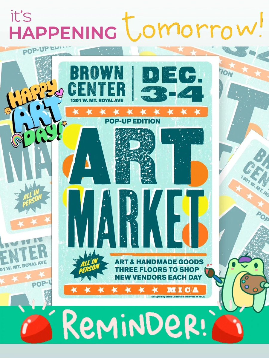 bobastudios's tweet photo. ๐ฃ It's Here! ๐ฃ
Tomorrow starts @mica's Art Market! Spanning over 2๏ธโฃ days and with new vendors each day, there is so much art & handmade goods to find! ๐คฉ
Come shop small and local AND spread holiday cheer!ย ๐๐
#ArtMarket #HolidayMarket #CraftFair #SmallBusiness #MICAmade https://t.co/4zTJo0IZTC