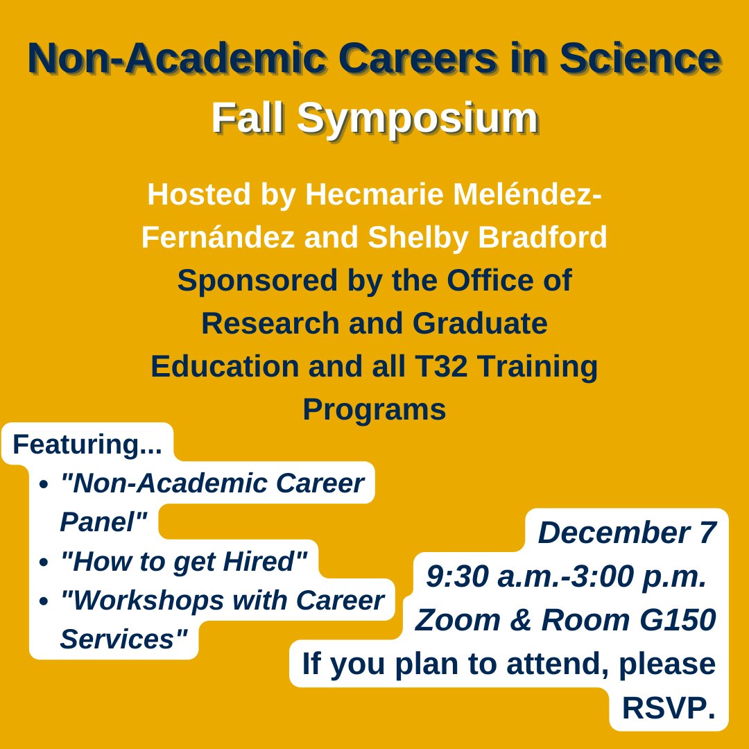 wvuresearchgrad's tweet photo. Ever wondered what jobs you can get outside of academia? This symposium is for you! December 7 from 9:30 AM - 3:00 PM on Zoom/in G150 Erma Byrd. Swipe to learn more about each session.  Panera Lunch is provided! RSVP Links are in the Bio https://t.co/S8Xqdi7NyW