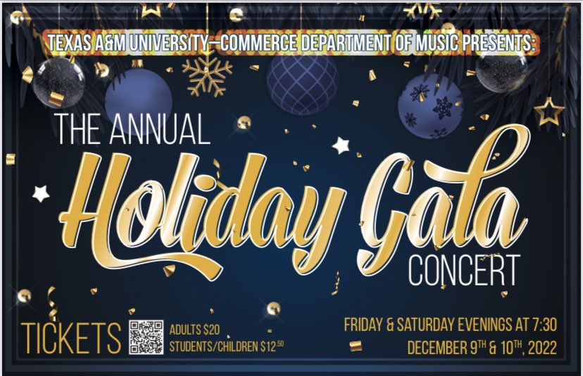 We’re a week away from the Annual Holiday Gala.  Have you purchased your tickets yet?  Seats for Friday evening are filling fast, while seats for Saturday night are still available.  

For more information about performances, visit: tamuc.edu/holiday-gala/.