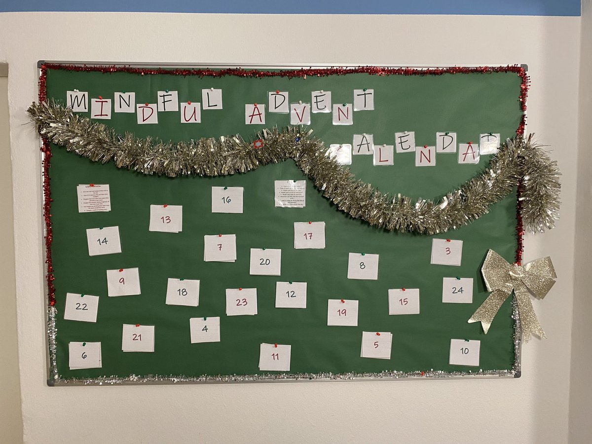 CrossleyErika's tweet photo. The Mindful Advent Calendar is up. Giving students and staff a daily mindful exercise each day as we inch closer to the end of term. Follow along for your own daily mindful activity. #schoolcounselling #bbisboarding  #internationalschoolcounselling #wellbeing #mindful #bbis https://t.co/Eg8p2cLIhT