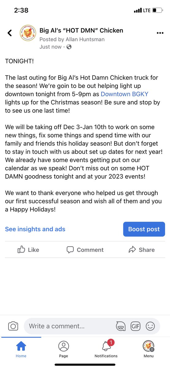 Tonight is the last night of the season! Be sure to stop by and see us as we help @downtownbgky light up for the holiday season! Also, make sure to get in touch with us about your 2023 events! 

#bigalshotdamnchicken #hotdamn #bowlinggreenky #bgky #bgkyfoodtrucks #kyfoodtrucks