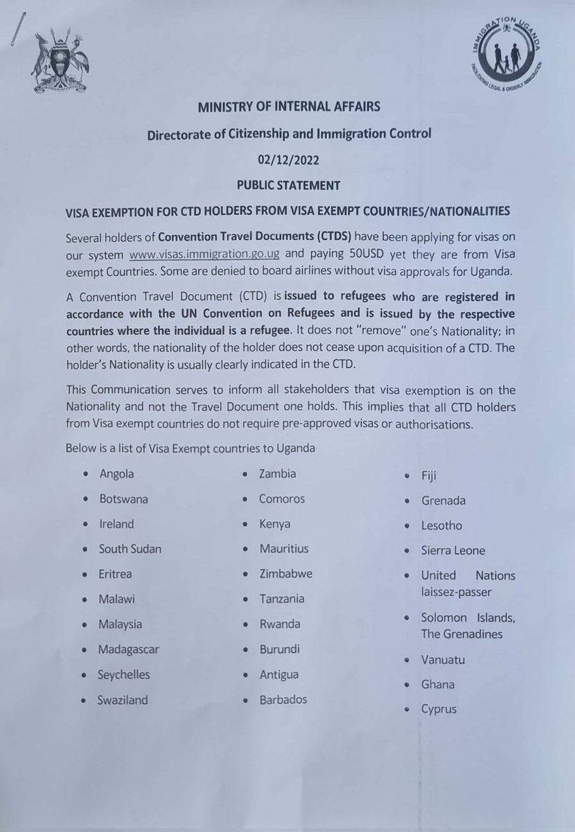 Uganda Media Centre On Twitter PUBLIC NOTICE List Of VISA EXEMPT uganda-media-centre-on-twitter-public-notice-list-of-visa-exempt