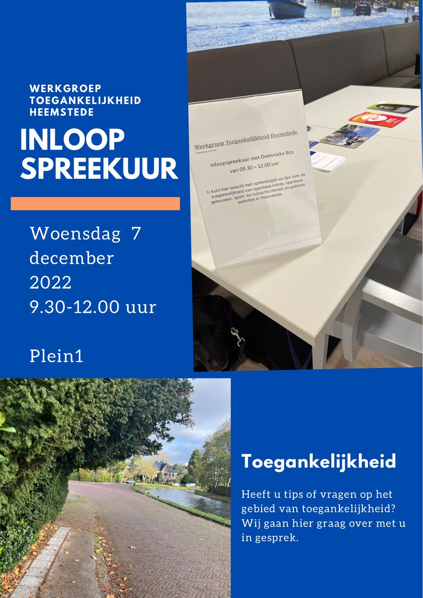 Moet u voor het eind van het jaar nog wat van het hart op het gebied van de Toegankelijkheid? 
Dit kan op ons laatste Inloopspreekuur van 2022 op woensdag 7 december van 9.30-12.00 uur op Plein1 in Heemstede.