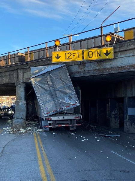 kcpolice's tweet image. For those wondering, the truck was full of frozen taquitos.

This was Thursday's crash at the Independence Avenue Bridge, and the driver received a citation.