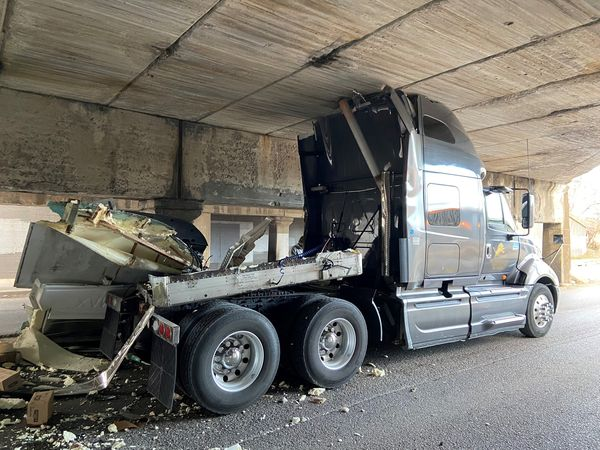 kcpolice's tweet image. For those wondering, the truck was full of frozen taquitos.

This was Thursday's crash at the Independence Avenue Bridge, and the driver received a citation.