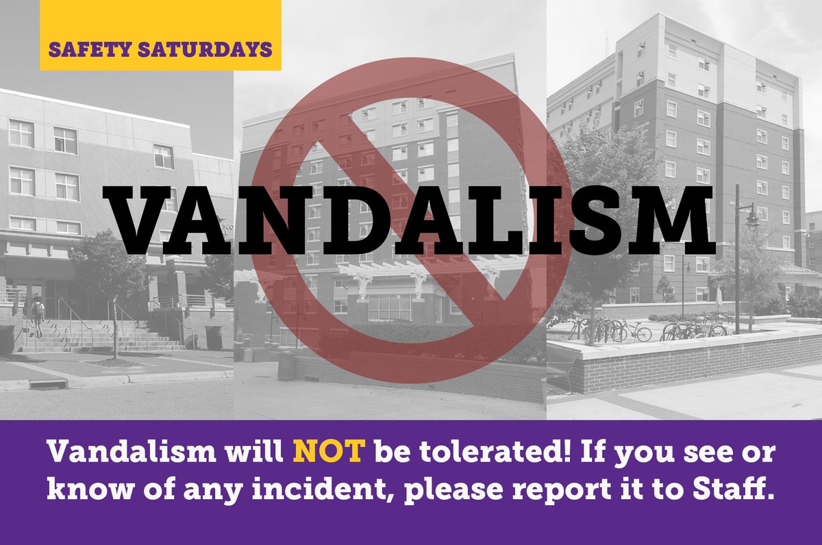 SAFETY SATURDAY: NO VANDALISM! Attending college is a serious responsibility. Everyone deserves to have a fair chance to use our facilities. Campus Living will NOT tolerate anyone who destroys university property! If you know of an incident, please report it asap. #ecusafetysat