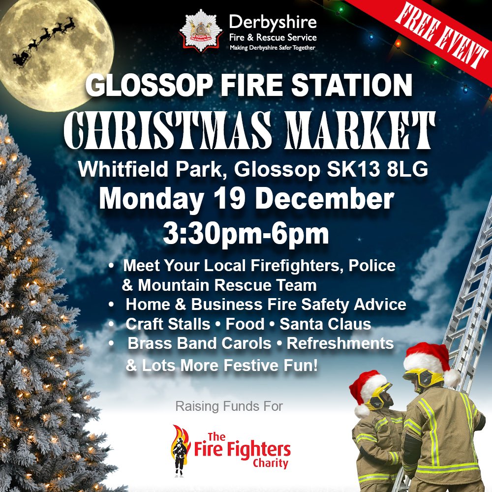 We are hosting a Christmas market full of amazing local traders. Come along and meet the crew, and support some amazing local businesses. All in aid of the <a href="/firefighters999/">Fire Fighters Charity</a> #Glossop <a href="/DerbyshireFRS/">Derbyshire Fire & Rescue Service</a>