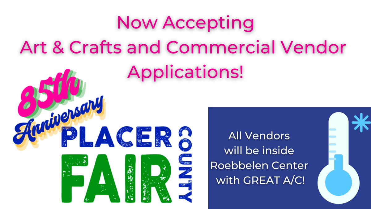 CALLING ALL VENDORS!
Come celebrate the 85th year of the Placer County Fair! All vendors will be inside the Roebbelen Center with great A/C!
No accepting applications for Commercial Vendors and Arts &amp; Crafts Vendors. Click on the link for more information! ow.ly/zNPr50LU7qF