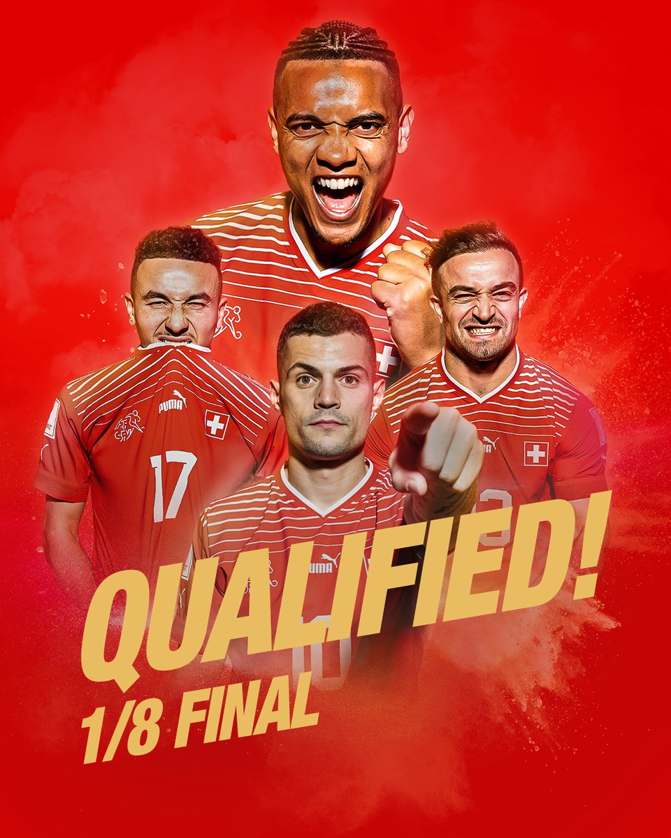1/8-FINAL, DONE! ✅🤩

Die Schweiz steht im fünften Achtelfinal in Folge (WM &amp; EM)
La Suisse se qualifie pour les huitièmes de finale pour la 5e fois de suite (Mondial &amp; EURO)
La Svizzera accede agli ottavi per la 5a volta di fila (Mondiali &amp; Europei)