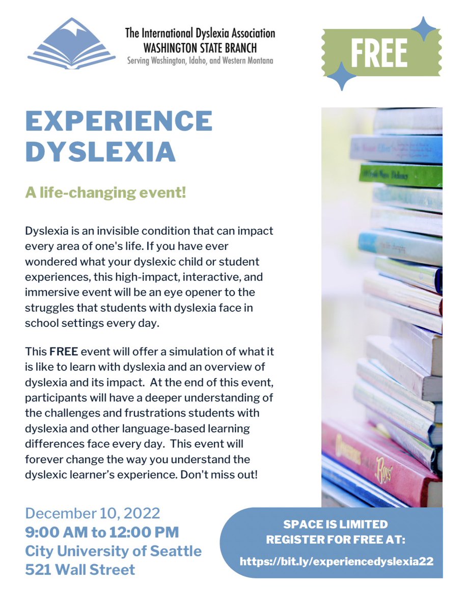 infowabidaorg1's tweet photo. If you live in Washington State, the WA, ID, MT branch of the International Dyslexia Association (WABIDA) is hosting an onsite dyslexia simulation. Join us! Info below. 
December 10, 2022
9:00 AM to 12:00 PM
City University of Seattle 521 Wall Street
@AWSP_Principals @ddwa12 https://t.co/KDR13H51or