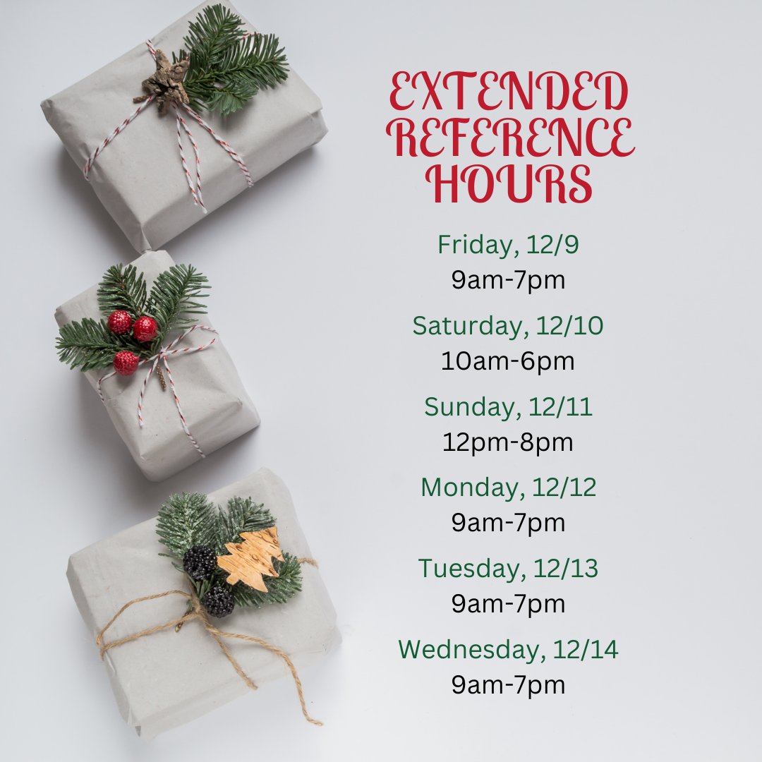 macphaidin_lib's tweet image. Also - reference librarians will be available for extended hours during finals week (see last image) to answer any last-minute research or citation questions!

#MacPhaidinLibrary #StonehillLibrary #5DaysOfFinals #DeStress #HolidayFun #FreeFun