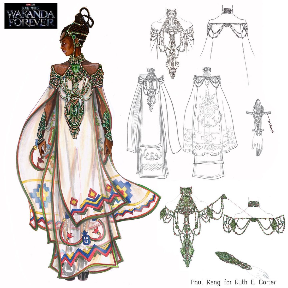 wakandawelcomes's tweet photo. Black Panther costume designer Ruth Carter worked with concept artist Paul Kegan &amp; Dutch fashion designer Iris Van Herpen on the Mayan inspired trinkets Letitia Wright Shuri wore in the film. https://t.co/JcS7s9zx7A