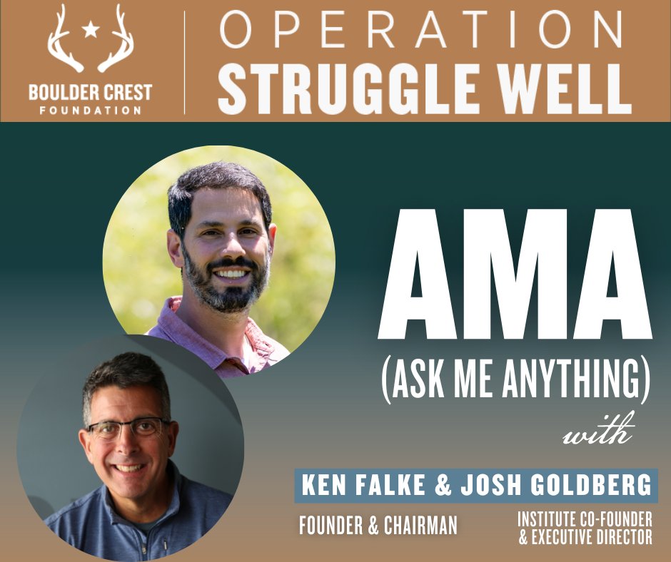 Boulder Crest Family! Tune in next Wednesday, December 7 at 7 p.m. EST for our 'Ask Me Anything' with Ken Falke and Josh Goldberg. You won't want to miss this, as they will be answering some of BCF's most frequently asked questions! Will we see you there? #operationstrugglewell