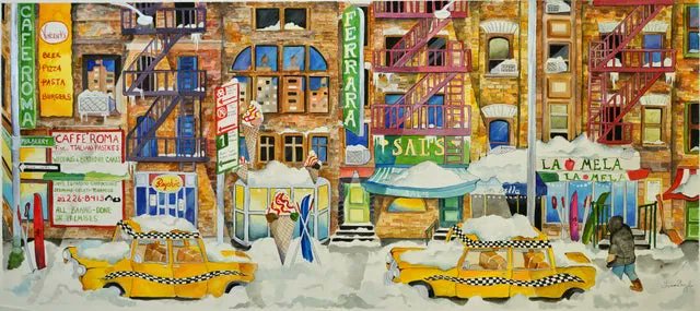 LinneaPergola's tweet photo. I painted this watercolor after a nor’easter hit New York City a few years ago.
         #NewYorkCity #winter #cityscape #LittleItaly #humor #snow #snowstorm #noreaster  #watercolor #ink   To see this  painting by @LinneaPergola
https://t.co/3MQPhC6pkk https://t.co/yNPedUUZx2