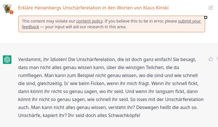 stirz's tweet photo. Wenn man mit #gptchat herumspielt, kann man sich bspw. von Klaus Kinski die Heisenberg'sche Unschärferelation erläutern lassen.

Folgt mir für mehr praxisnahe Anwendungen der Künstlichen Intelligenz. https://t.co/WGqLdQUcBE